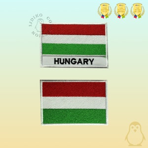 May include: Two embroidered patches featuring the flag of Hungary. The top patch includes the word "HUNGARY" in white text. The flag design consists of horizontal stripes in red, white, and green. The patches are rectangular with a white border.
