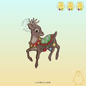 May include: Embroidered iron-on patch of a brown reindeer with red, green and white decorations. The patch is 8.3 cm by 5.8 cm.