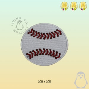 May include: White embroidered baseball patch with red stitching. The patch is 7 cm by 7 cm.