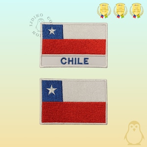 May include: Two embroidered patches featuring the Chilean flag. The top patch has the flag with the words "CHILE" underneath. The bottom patch is just the flag.