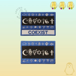 May include: Two blue and white embroidered patches with the word "COEXIST" in white lettering. The patches feature a variety of religious symbols, including a crescent moon, a star of David, a Christian cross, and a yin-yang symbol.