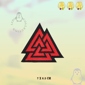 May include: Red embroidered iron-on patch of the Valknut symbol, a Norse symbol of connection, with black outlines. The patch is 7 inches by 6.5 inches.