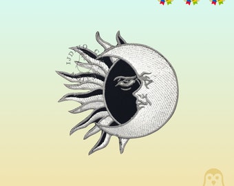 May include: A white and black embroidered patch of a sun and moon with a face. The sun has a black face and the moon has a white face. The patch is 10 cm by 10 cm.