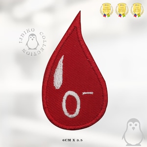 May include: Red blood drop embroidered patch with white lettering that reads "O-" and measures 6 cm by 3.5 cm.