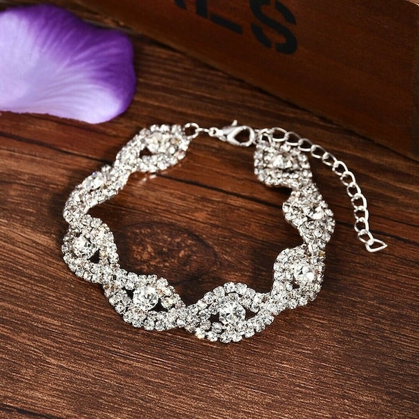 Ladies Silver Crystal Rhinestone Bangle Bracelet Wedding Bridal Jewelry Diamond
