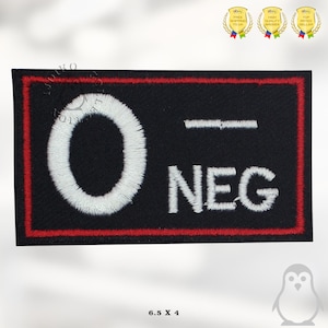 May include: A black embroidered patch with a white circle and the text "O NEG" in white. The patch has a red border.