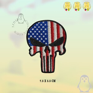 May include: An embroidered patch featuring the Punisher skull with the American flag design. The skull is black with white stripes and red and white stars. The patch is 7.5 cm by 5.5 cm.
