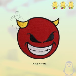 May include: Red embroidered iron-on patch of a devil emoji with yellow horns and a white grin. The patch is 7.5 inches by 7.5 inches.