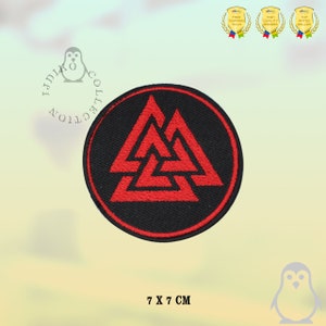 May include: Red and black embroidered patch with a circular design featuring a triple triangle symbol, also known as the Valknut, measuring 7 by 7 centimeters.