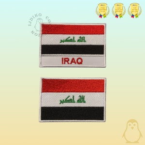May include: Two embroidered patches featuring the flag of Iraq. The patches are white with a red, white, and black flag in the center. The text "Allah Akbar" is written in Arabic on the flag. The word "IRAQ" is written in red below the flag on the top patch.