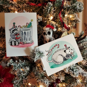 Tarjetas navideñas imprimibles de Trash Friends (mapache y zarigüeya)