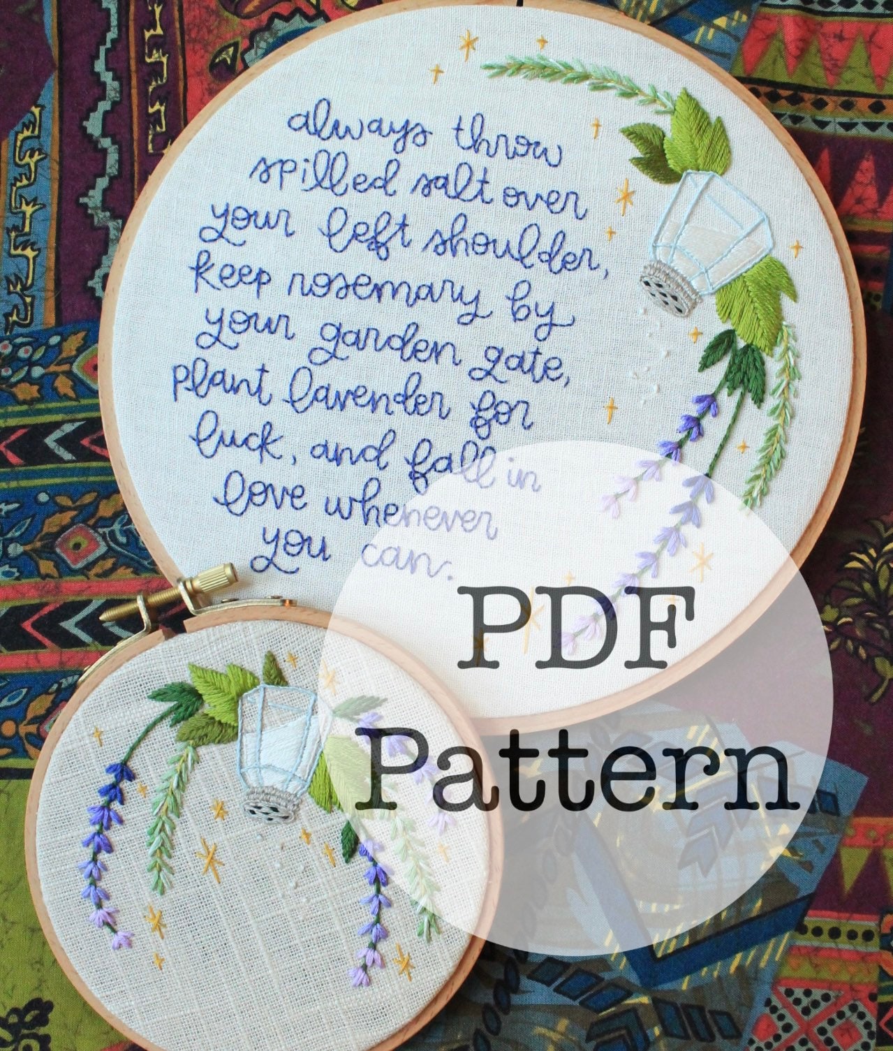 Two PDF Embroidery Patterns: Salt Rosemary Lavender Love, Practical Magic