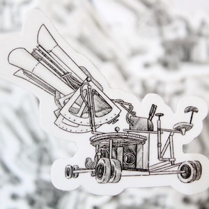 May include: Black and white sticker featuring a detailed illustration of a vintage machine with wheels, a seat, and multiple tubes. The design has a steampunk aesthetic, with intricate mechanical details and a retro feel.