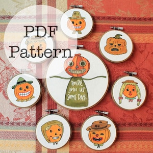 Puede incluir: Una colección de arte en aros de bordado con personajes con cabeza de calabaza con varias expresiones. El aro central muestra una figura con el texto "You'll join us some day." Las palabras "PDF Pattern" están superpuestas en la imagen.