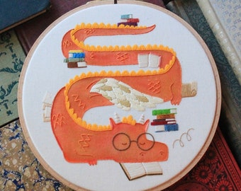 Book Dragon Hand-Embroidered Hoop