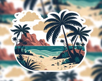 Pegatina de escapada a la playa: vinilo con olas tropicales, pegatina de viaje con estética surfera, regalo para amantes de la playa con sol y palmeras.