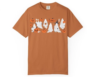 Halloween Pumpkin Unisex Garment-Dyed Shirt, Fall Apparel, Spooky Season Top