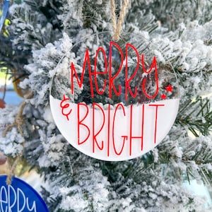 Merry & Bright Christmas Snow Effect Hand Painted Christmas Tree Ornament