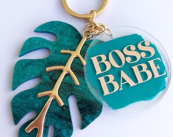 Boss Babe Leaf Keychain: Acrylic Painted Back, Gold Keyring