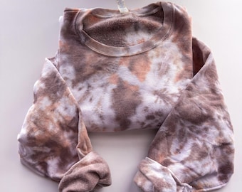 Sudadera unisex de cuello redondo con efecto tie-dye en marrón oscuro y naranja, con efecto tie-dye personalizado, tallas de la S a la 5XL.