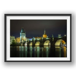 Charles Bridge at night in Prague Castle. Urban Wall Art, Decor, Prague, Czech, Travel, European, Poster, Gothic