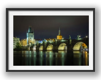 Charles Bridge at night in Prague Castle. Urban Wall Art, Decor, Prague, Czech, Travel, European, Poster, Gothic