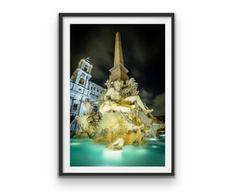 Fontana dei Quattro Fiumi (Fountain of the Four Rivers) at night in Rome. Urban Wall Art, Decor, Rome, Italy, Travel, European, Poster
