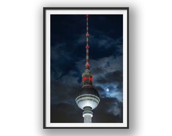 Berlin TV Tower at night with the moon looming.  Urban Wall Art, Decor, Berlin, German, Travel, European, Poster