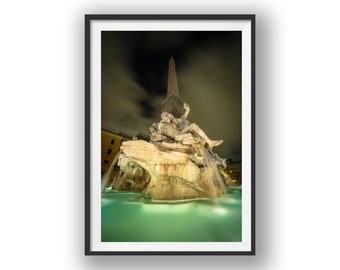 Fontana dei Quattro Fiumi (Fountain of the Four Rivers) at night in Rome. Urban Wall Art, Decor, Rome, Italy, Travel, European, Poster