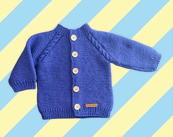 Handknit Organic Cotton Baby Blue Cardigan (12 in. h x 10 1/4 in. w)