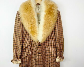 Vintage Upcycled Tweed Jacket Coat Womens Medium Faux Fur Lace Brown Plaid