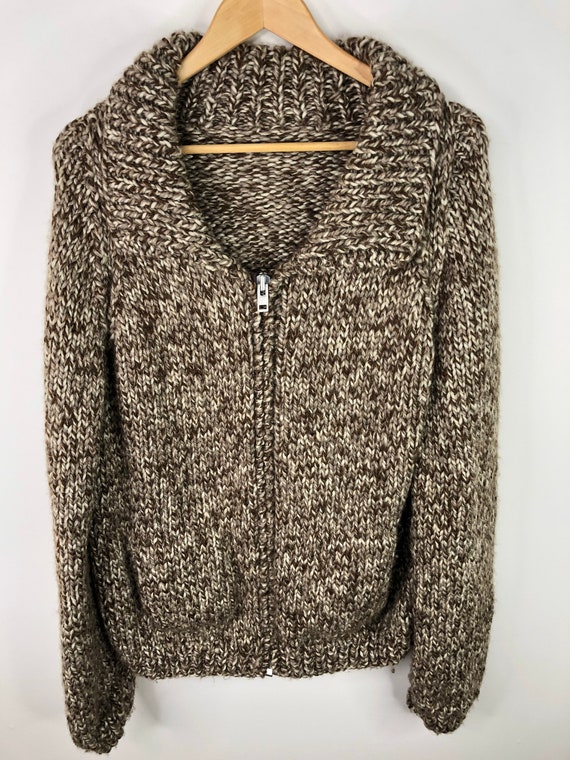 Vintage Hand Knit Wool Sweater Shawl Collar Brown