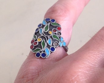 Silver Enameled Vintage Ring. Pure Silver Hallmarked 1000 Statement Ring for Women and Girls. Colorful Enameling & Engraving around the Band
