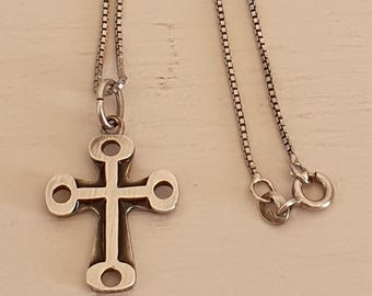 ヴィンテージギリシャスターリングシルバークロスペンダントネックレスチェーン付き、ハンドメイド925宗教ジュエリー、オーソドックススタイルA90刻印、925