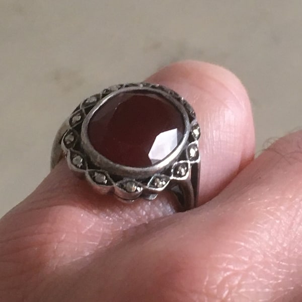 Sterling Silver, Oval Faceted Carnelian & Marcasite Ring. Vintage Handmade Ring for Women. Hallmarked 925.