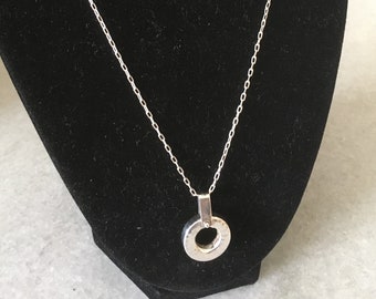 Sterling Silver Round Unisex Pendant. Silver Round Donut Shaped Charm with Silver Rope Chain. Unisex Handmade Vintage Jewelry