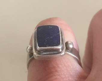 Silver Vintage Ring. Sterling Silver Hallmarked 925 Ring with Blue Black Gemstone. Handmade Ring for Women.