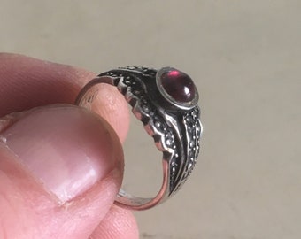 1960&#39;s Vintage Sterling Silver Ring with Red Semi Precious Stone. Handmade Greek Fine Jewelry.
