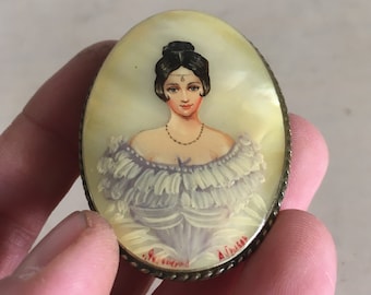 Hand Painted Portrait on Mother of Pearl Brooch. Signed Miniature Painting Fedoskino Style. Vintage Handmade Russian Art Wedding Brooch.