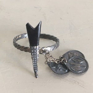 Silver Knife and Medals Miniatures Ring. Cretan Knife & Minoan Symbols Medal Pendants, Burnished Sterling Silver Ring with Open Band.