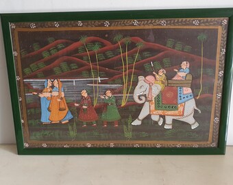 Vintage Indian Rajasthani Big Size Painting on Fabric Canvas, Framed Folk Wall Art, 72.5 x 48 cm (28.5 x 18.9 inches).