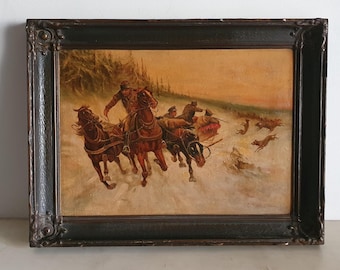 Vintage Russian or East Europe Winter Scene Oil Painting on Canvas, Soldiers and Wolves Chase, Signed, Ornate Frame, Canvas 48 x 34 cm.
