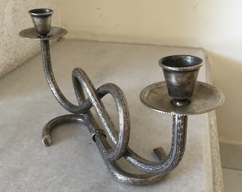 Mid Century Design Double Candleholder. Engraved Metal Candelabra. Candlestick Table Vintage Decoration.