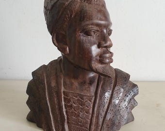 Vintage Massive Wood African Tribal Man Bust – Hand-Carved Solid Hardwood Sculpture – 1970s Ethnic Art