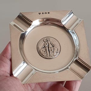 Antique Rare Birmingham Sterling Silver Ashtray, Fully Hallmarked, Collectible Motor Cycling Club 1921 Award, 69.3g Solid Silver, 9x9cm.