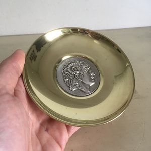 ILIAS LALAOUNIS Solid Silver and Brass Alexander the Great Dish Bowl. Stamped Greek Fine Art Jewelry Small Plate. Vintage Decorative Dish.