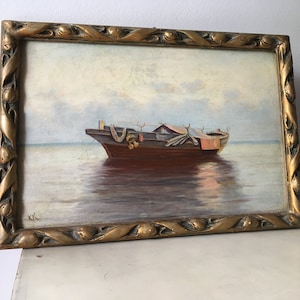 Original Oil Painting with Handmade Gilded Frame. Old Fishing Boat Signed Wall Art.