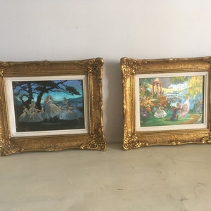 Noel Syers vintagemålningar, par. Väggkonst med skimrande pärleffekt. Förgyllda träramar. Drömlika balettscener.