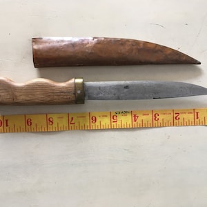 Hunting Old Knife with Wood Handle and Copper Sheath. Handmade Camping Collectible Long Knife.