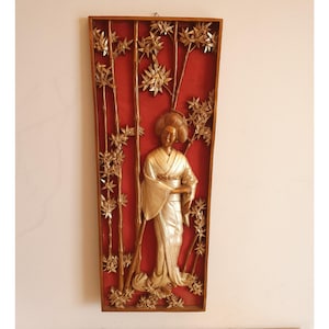 Vintage Japanese-Inspired Hand-Carved Wood Panel with Geisha Figure and Bamboo, Gold on Red, Large Handmade Wall Art 68.5x26.5cm.